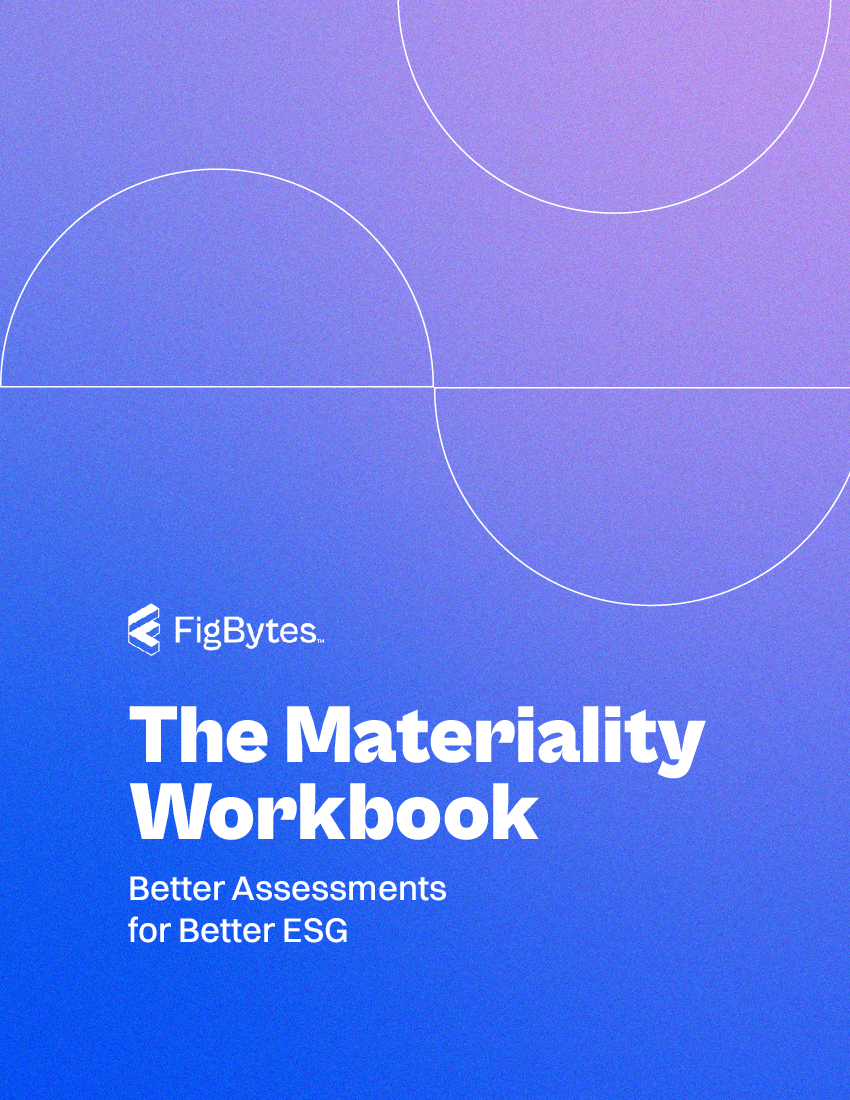 Cover page of The Materiality Workbook - purple and blue gradient that reads 'FigBytes, The Materiality Workbook, Better Assessments for Better ESG'