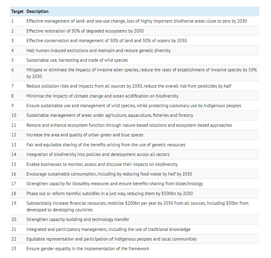 The 23 targets underpinning the Global Biodiversity Framework, known as the Kunming-Montreal Agreement. Source: Carbon Brief – Key Outcomes of the UN Biodiversity Conference in Montreal.  